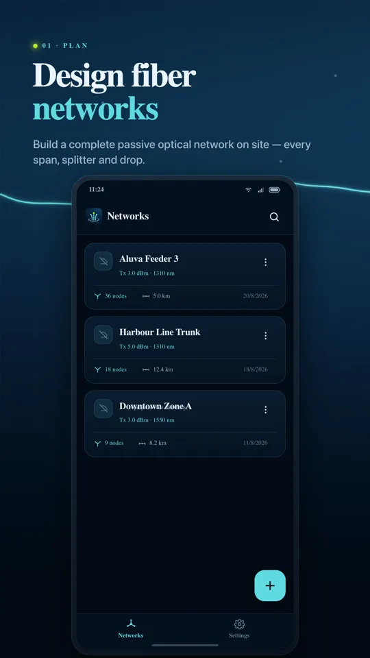 FiberLink networks list screen showing GPON, FTTH and backbone trunk networks with node counts